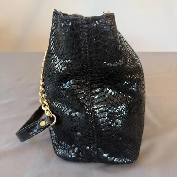 Michael Kors Jet Set Black Snakeskin Embossed Leather Chain Bag Gold Hardware - Picture 3 of 11